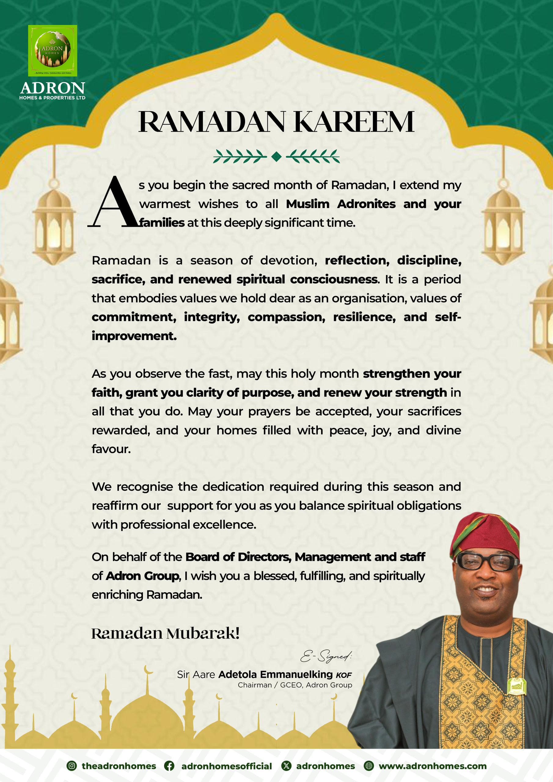 Ramadan: Adron Homes Felicitates Muslims, Preaches Hope and Unity
