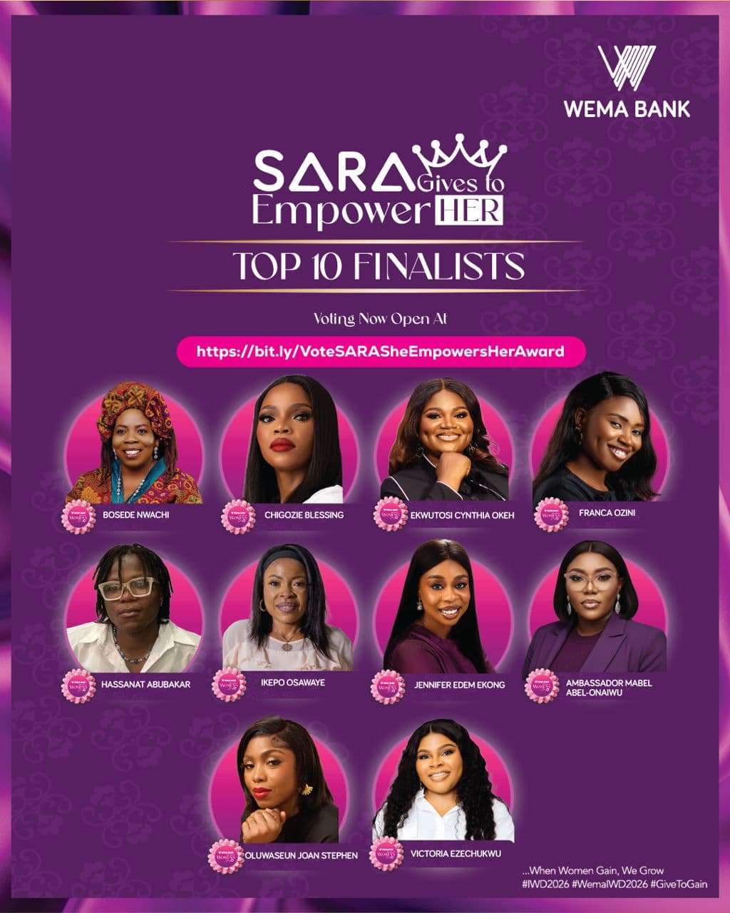 WEMA Bank Announces Top 10 Nominees for ‘Sara Gives To Empower Her Award’
